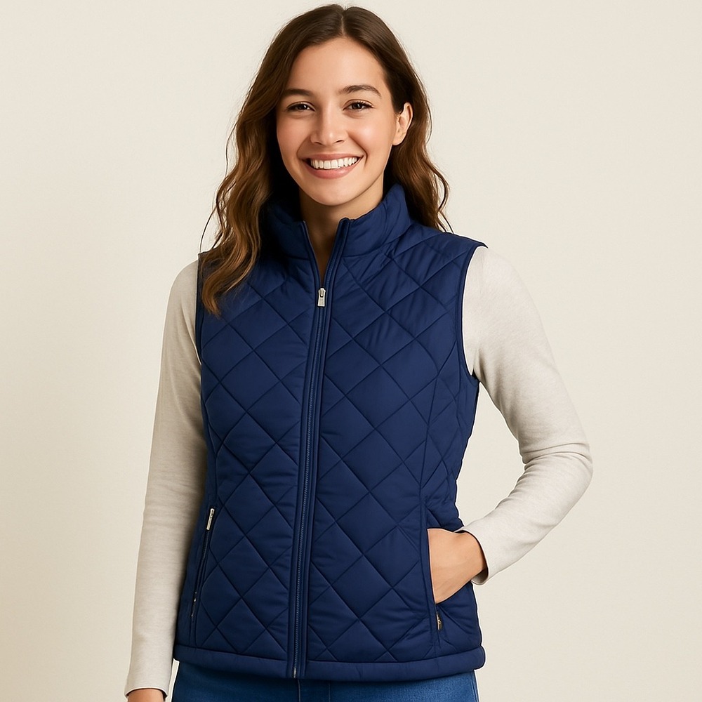 Fuinloth Women's Quilted Puffer Vest Navy Blue Zip Front Lightweight Size M